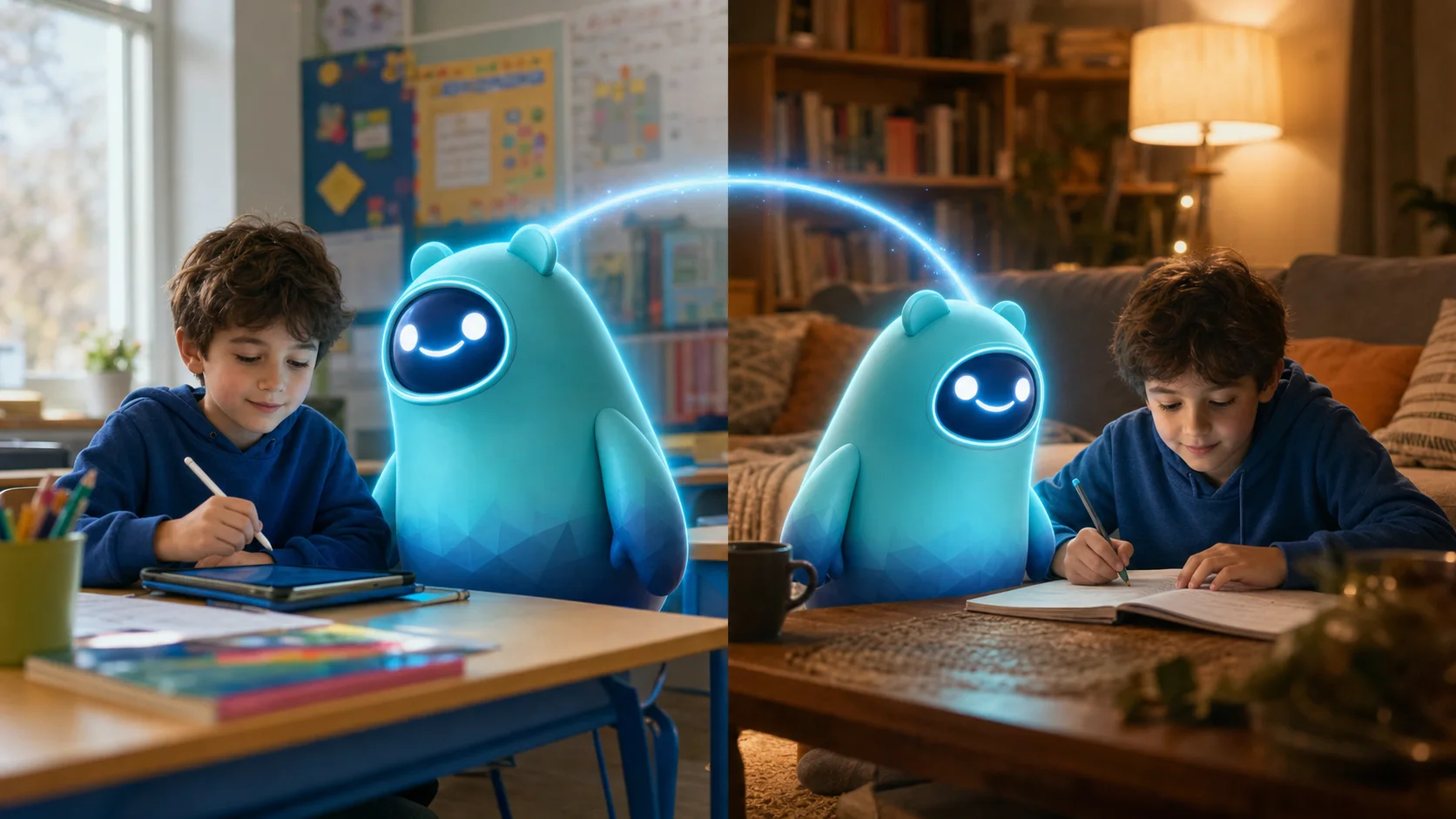 A primary-school student in class with Rody, his AI learning companion, helping him at his desk
